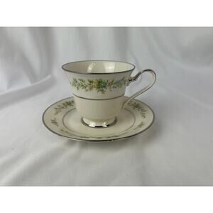 Noritake Christina 7056 Ivory China Tea Cup and Saucer Floral Silver Trim